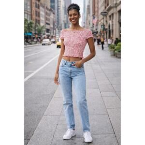 SO Smocked Ditsy Floral Top Womens Size XL Off The Shoulder Red Y2K Cottage